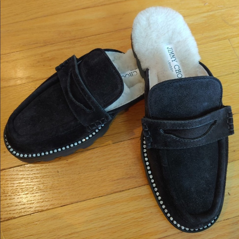 Jimmy Choo Ronnie shearling black suede loafer w/ crystal embellishment sz 36.5